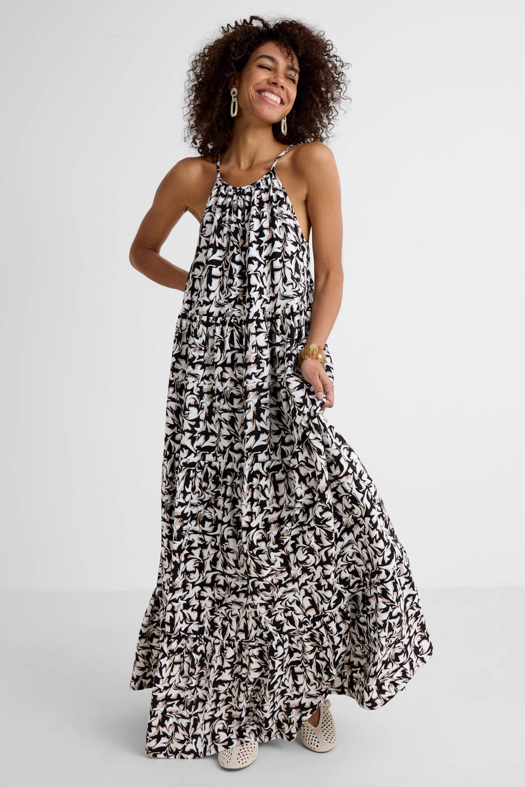 Multi, zwart en beige dames Ruby maxi jurk van viscose met spaghettibandjes, ronde hals, striksluiting en geweven detail