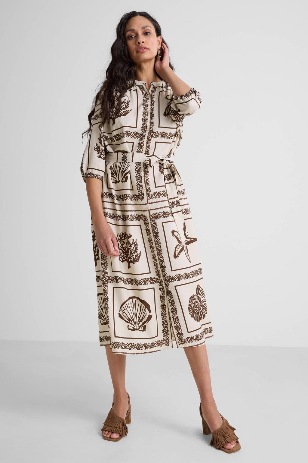 Beige en bruine dames Ruby maxi overhemdjurk met van viscose met half lange mouwen, knoopsluiting en ceintuur
