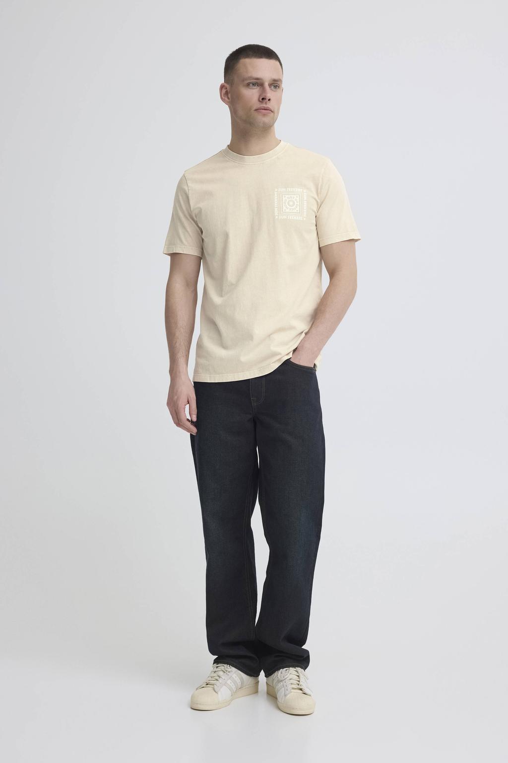 Beige heren Blend T-shirt van katoen met printopdruk, korte mouwen en ronde hals