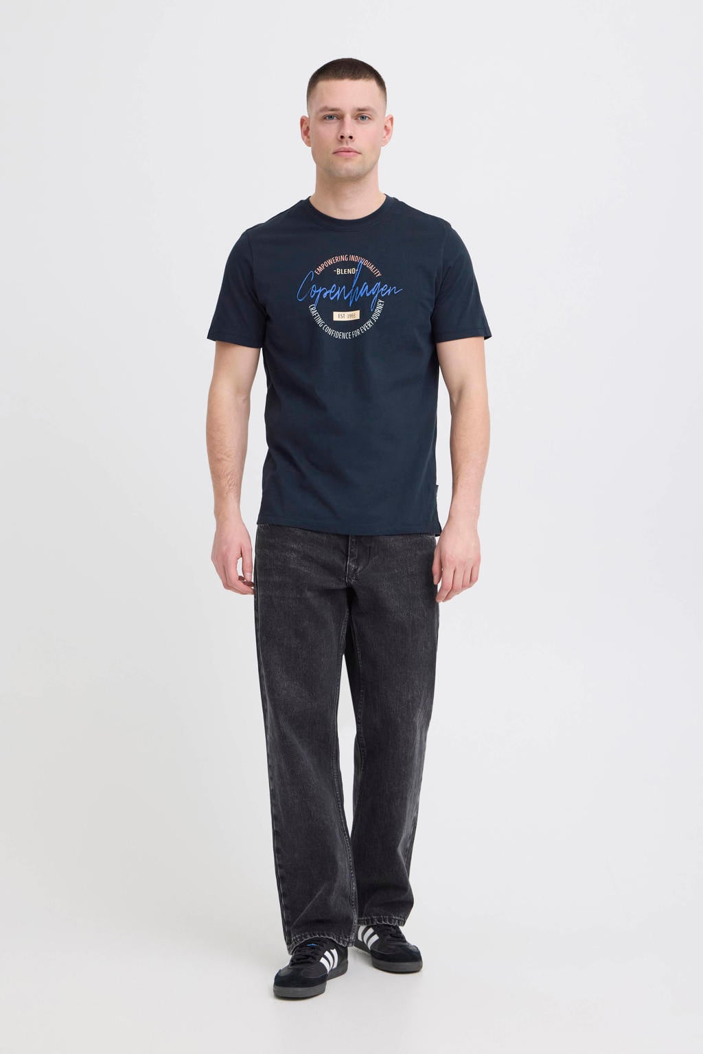 Donkerblauwe heren Blend regular T-shirt van katoen met printopdruk, korte mouwen en ronde hals