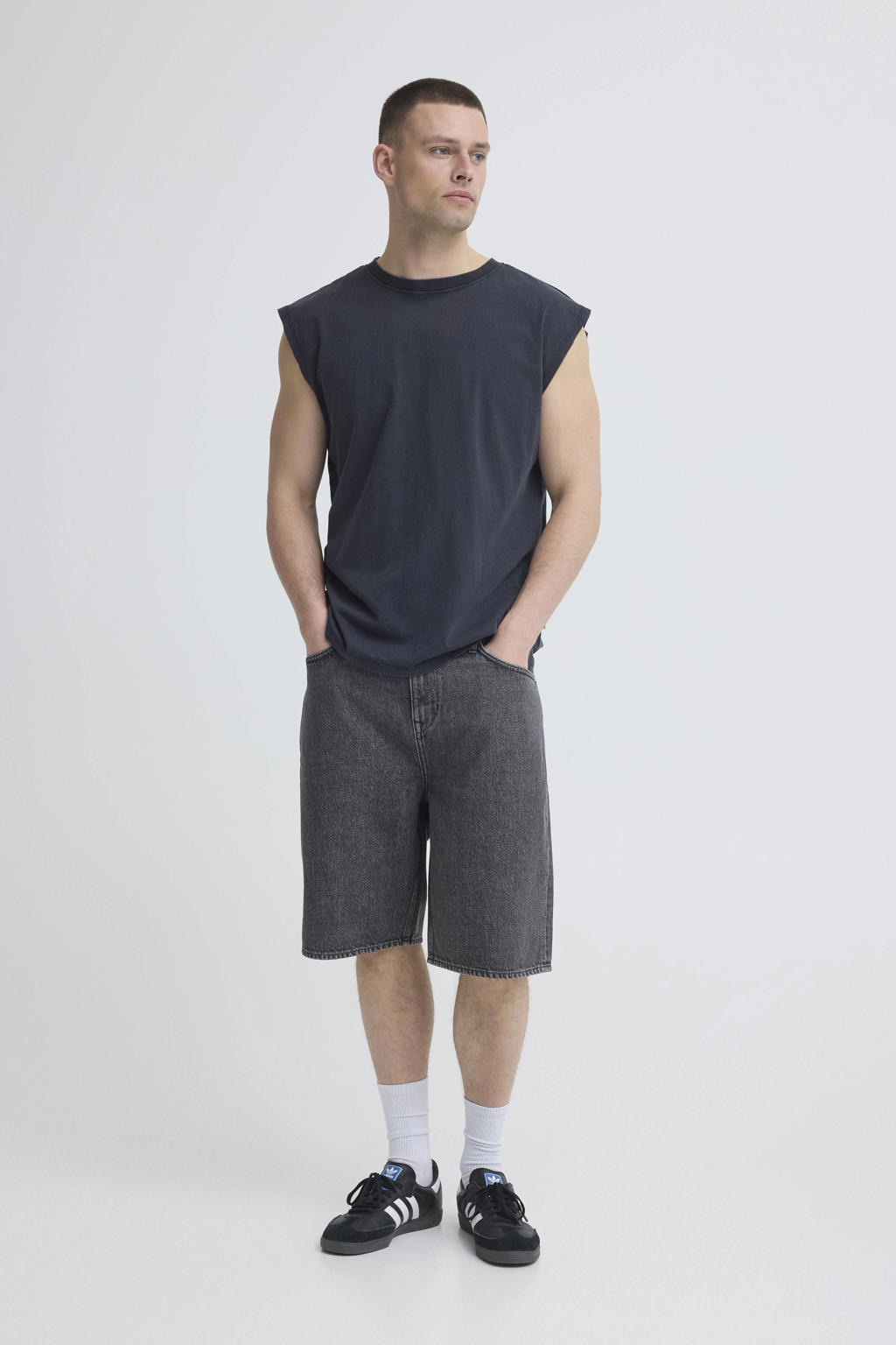 Donkerblauwe heren Blend tanktop van katoen met effen en ronde hals