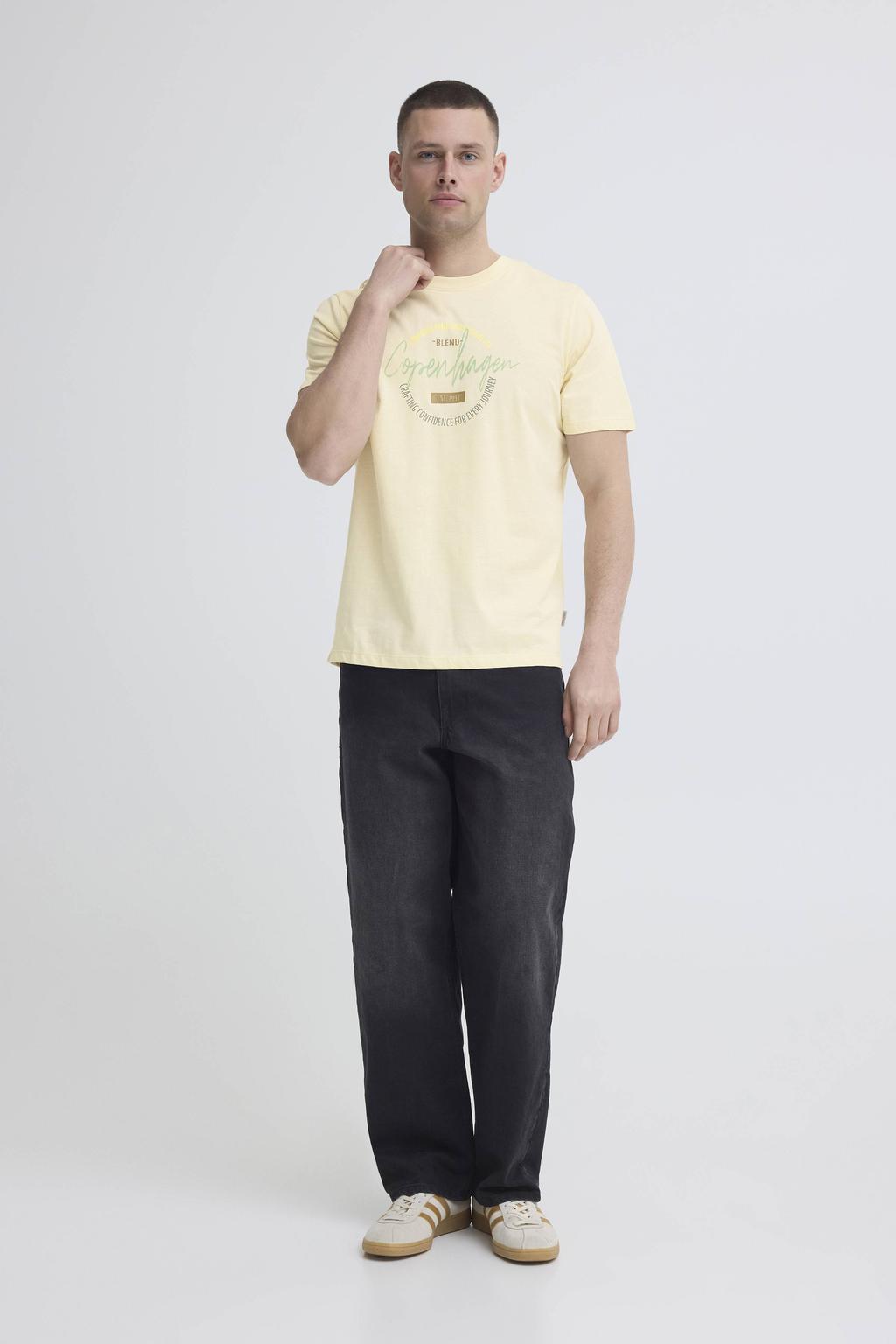 Lichtgele heren Blend regular T-shirt van katoen met printopdruk, korte mouwen en ronde hals