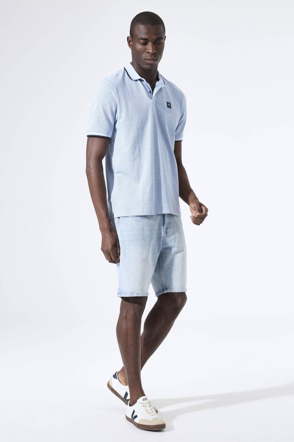 Lichtblauwe heren Garcia regular polo van katoen met effen, korte mouwen, knoopsluiting en contrast bies