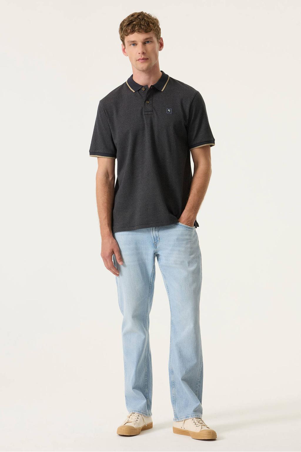 Donkerblauwe heren Garcia regular polo van katoen met effen, korte mouwen, knoopsluiting en contrast bies