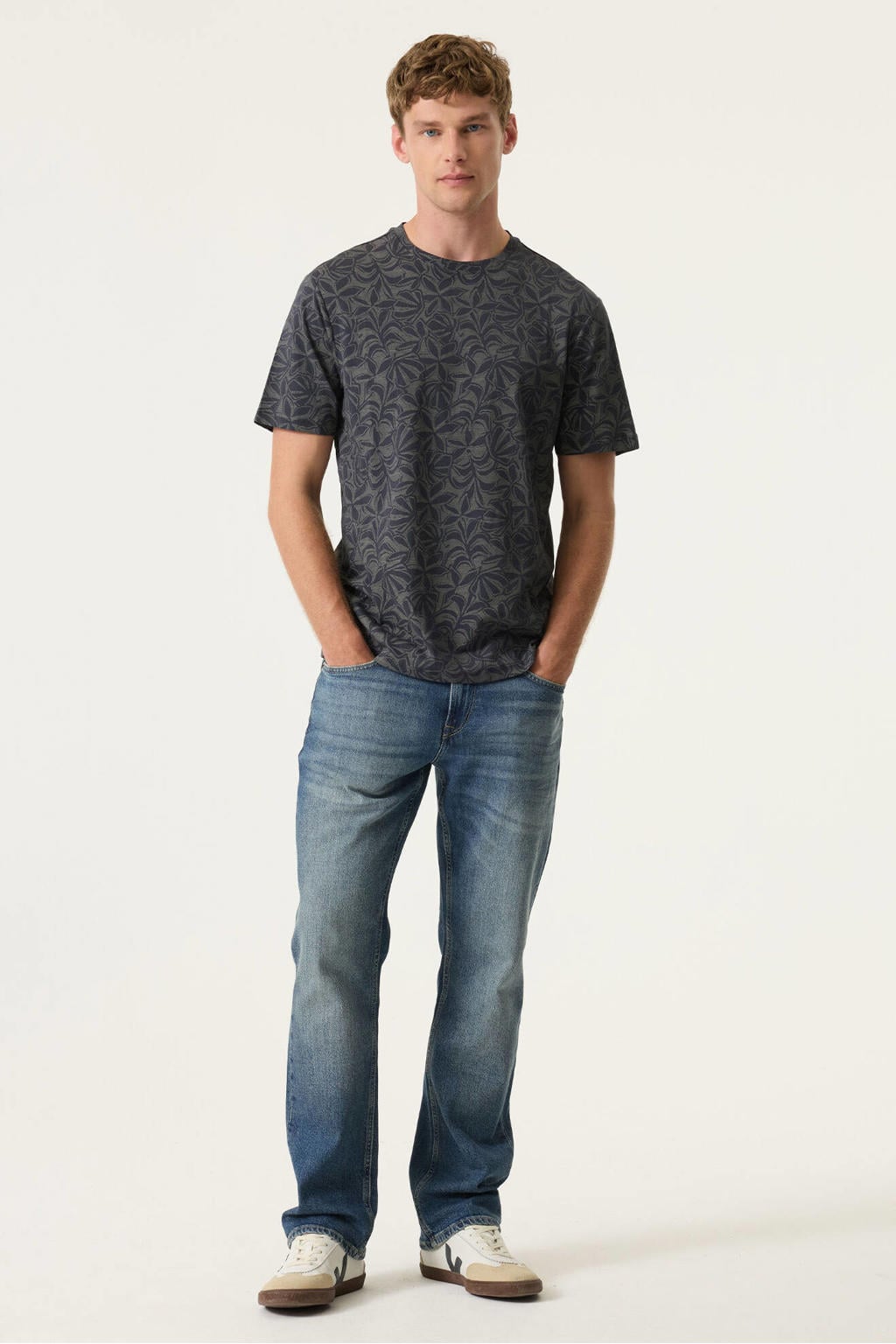 Donkerblauwe heren Garcia regular T-shirt van katoen met korte mouwen en ronde hals