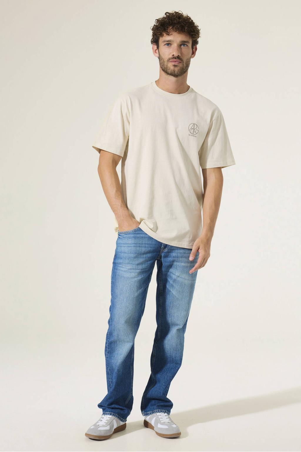 Ecru heren Garcia regular T-shirt van katoen met logo dessin, korte mouwen en ronde hals