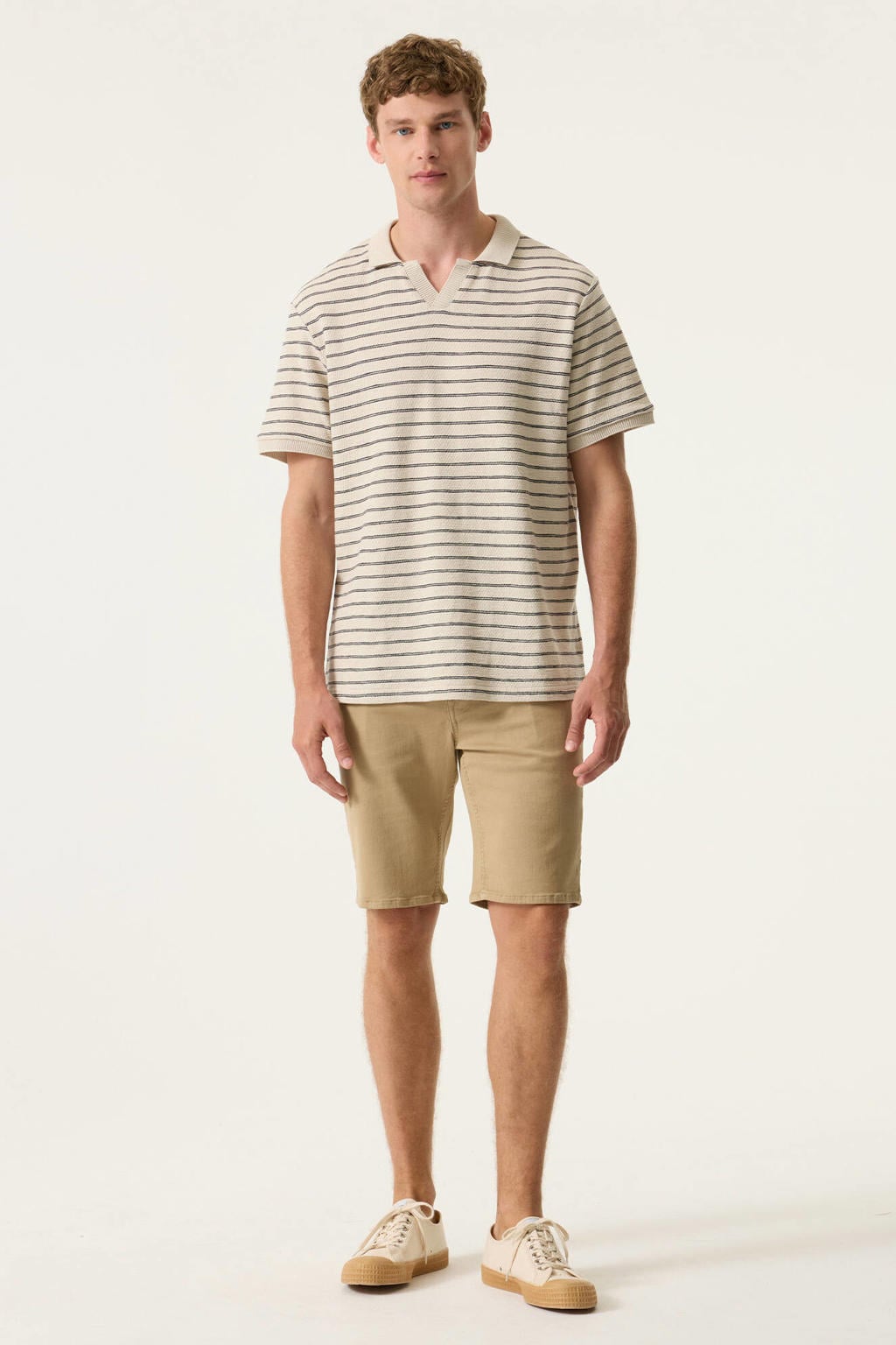 Beige heren Garcia regular gestreepte polo van katoen met korte mouwen en geribde boorden