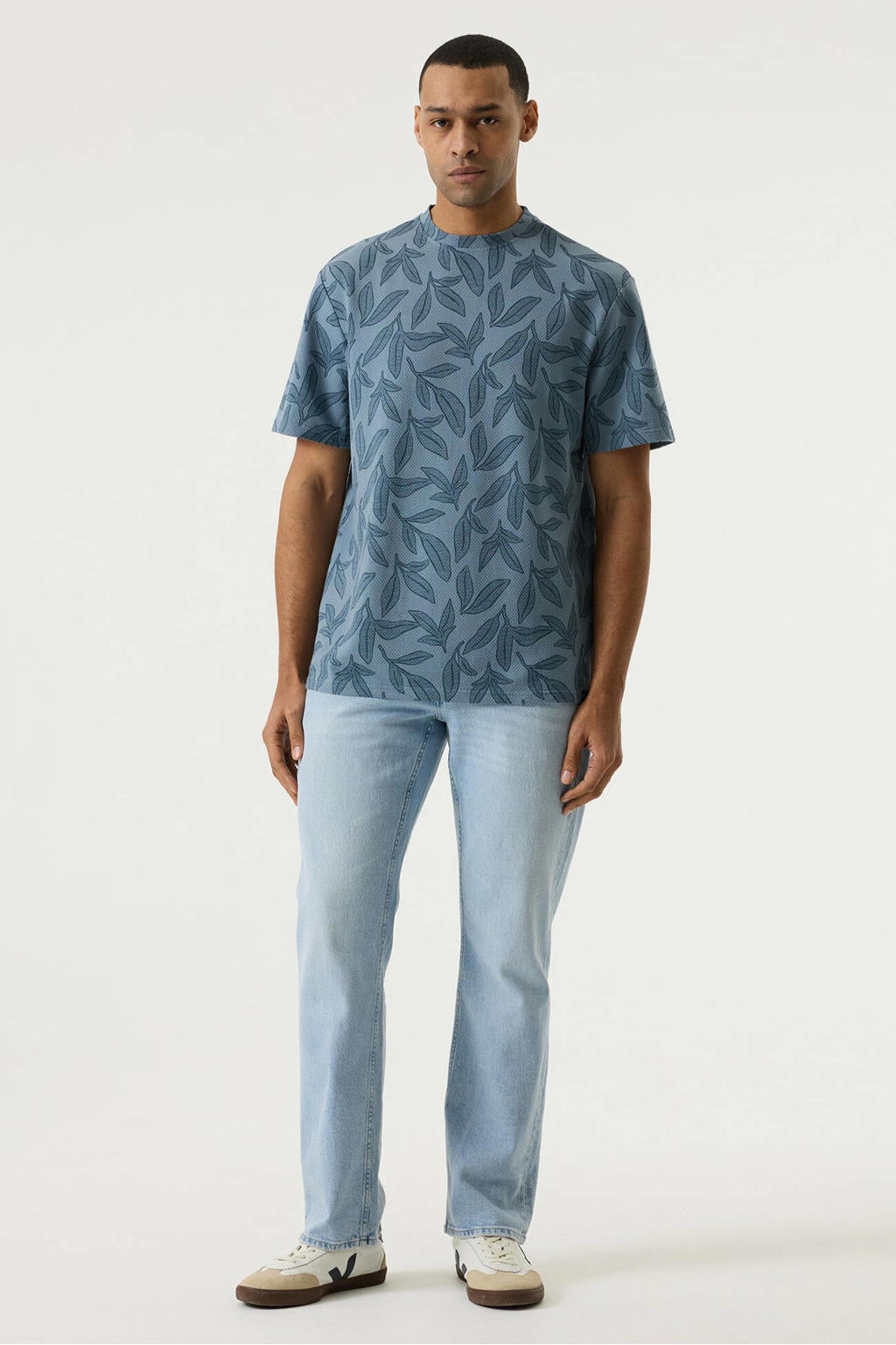 Blauwe heren Garcia regular T-shirt van katoen met bladprint, korte mouwen en ronde hals