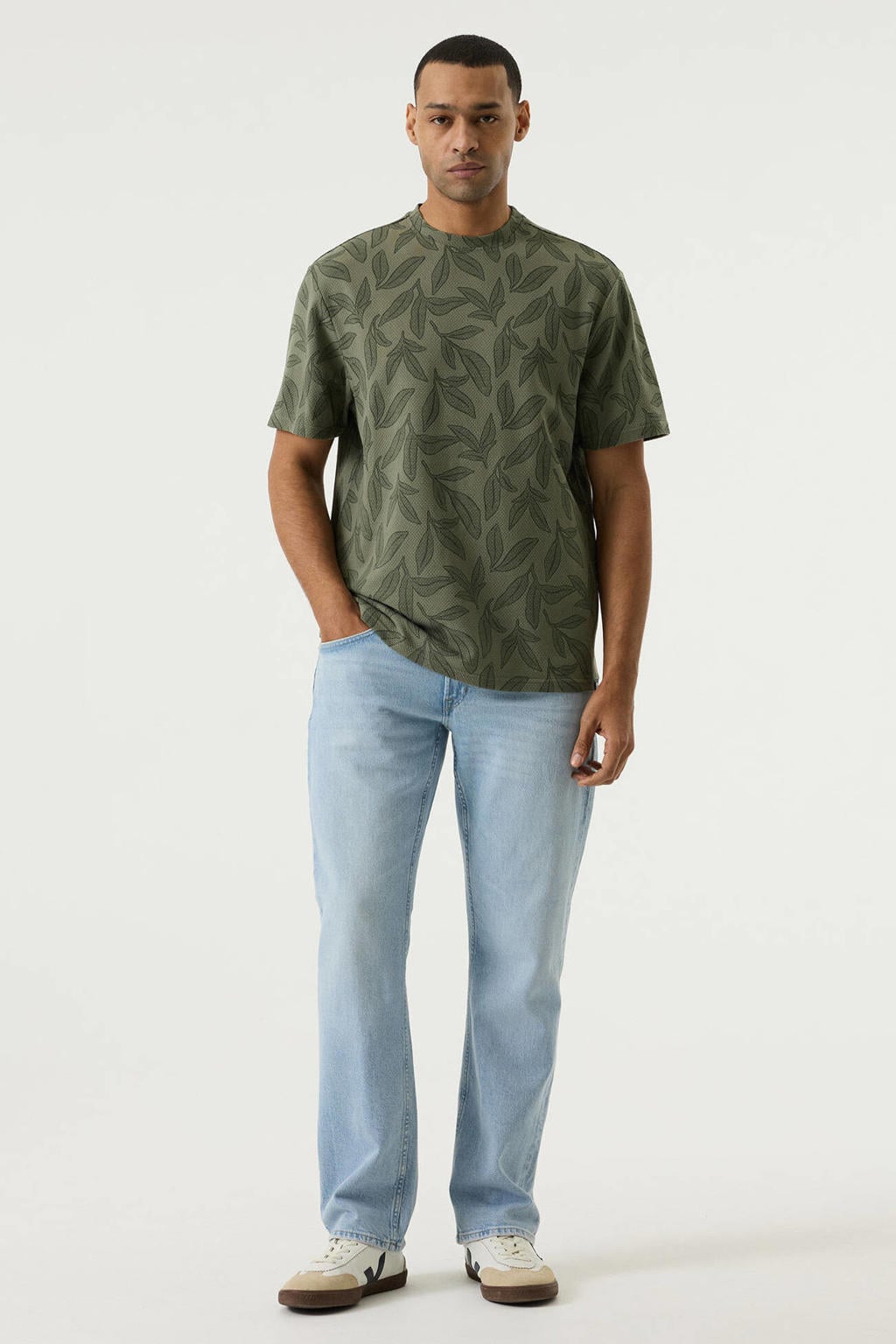 Groene heren Garcia regular T-shirt van katoen met bladprint, korte mouwen en ronde hals