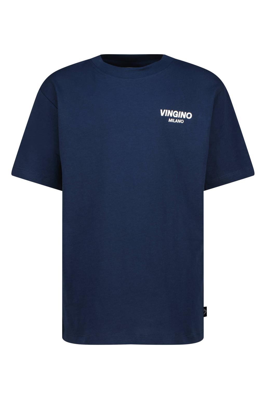 Donkerblauwe jongens Vingino T-shirt van katoen met logo dessin, korte mouwen en ronde hals
