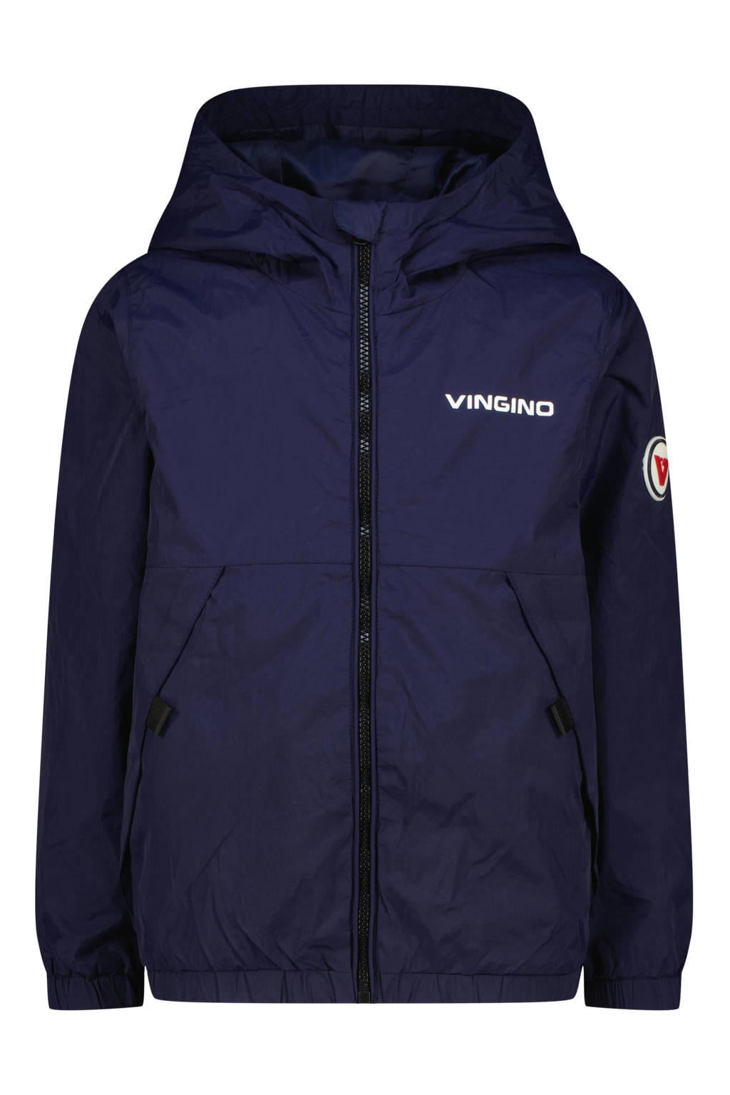 Donkerblauwe jongens Vingino zomerjas van polyester met effen, lange mouwen, capuchon en ritssluiting