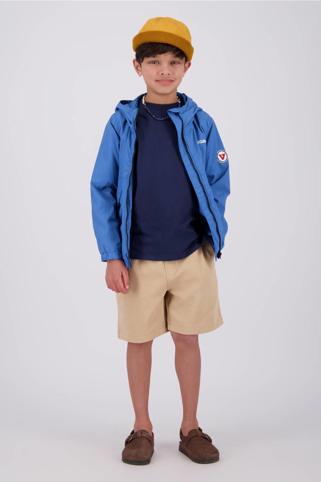 Blauwe jongens Vingino zomerjas van polyester met effen, lange mouwen, capuchon en ritssluiting