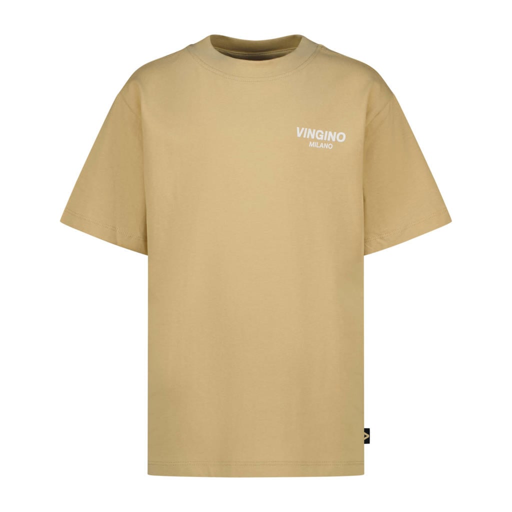 Beige jongens Vingino T-shirt van katoen met logo dessin, korte mouwen en ronde hals