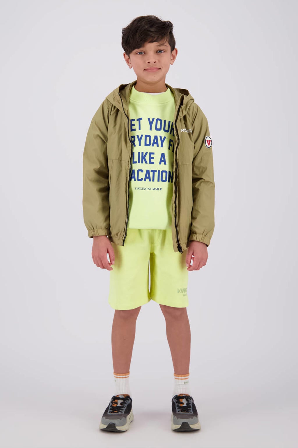 Groene jongens Vingino zomerjas van polyester met effen, lange mouwen, capuchon en ritssluiting