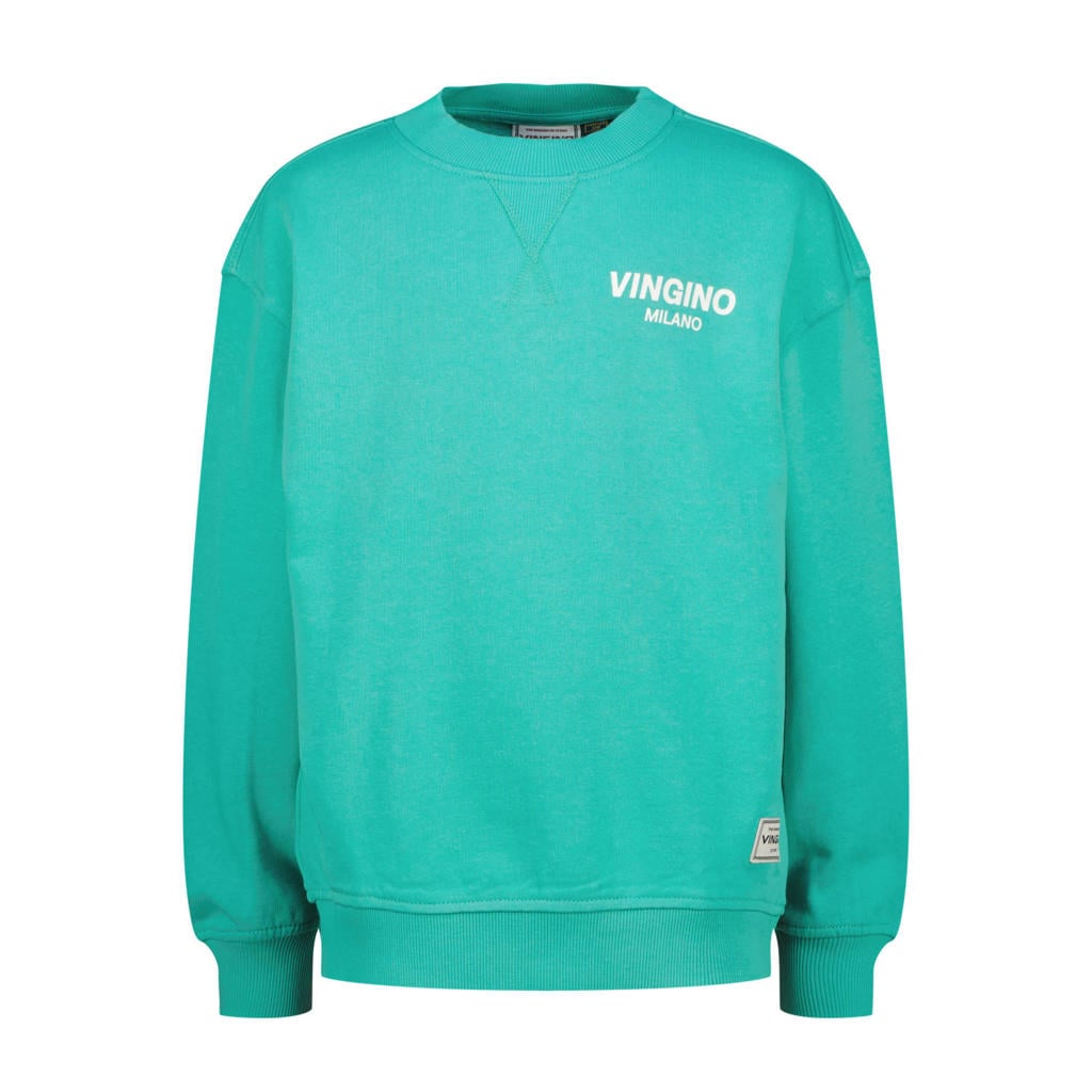 Turquoise jongens Vingino sweater van katoen met logo dessin, lange mouwen, ronde hals en geribde boorden