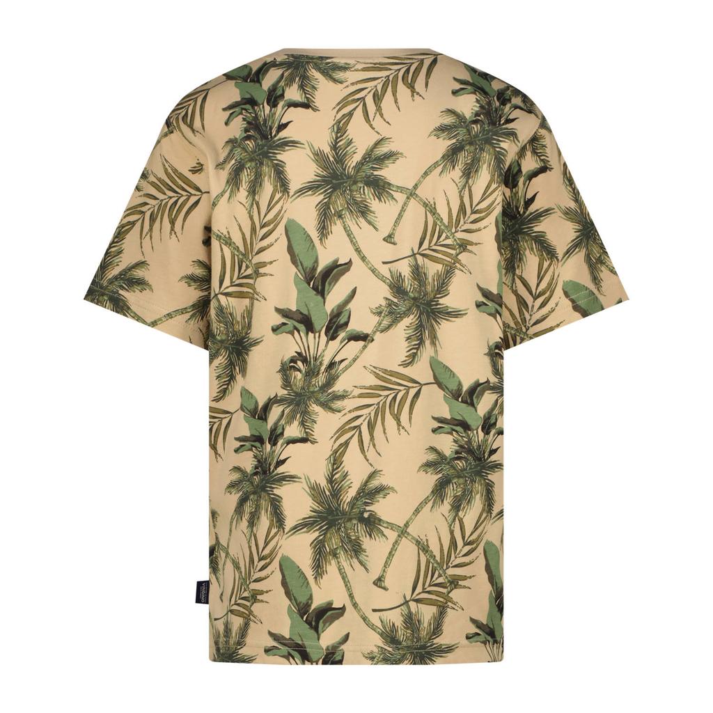 Beige en groene jongens Vingino T-shirt van katoen met bladprint, korte mouwen en ronde hals