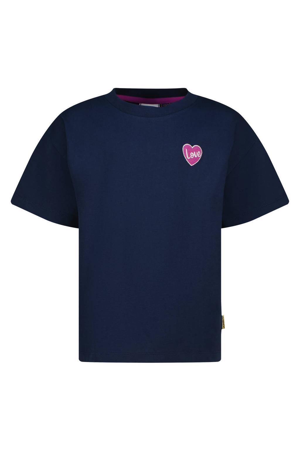 Donkerblauwe meisjes Vingino T-shirt van katoen met backprint, korte mouwen en ronde hals