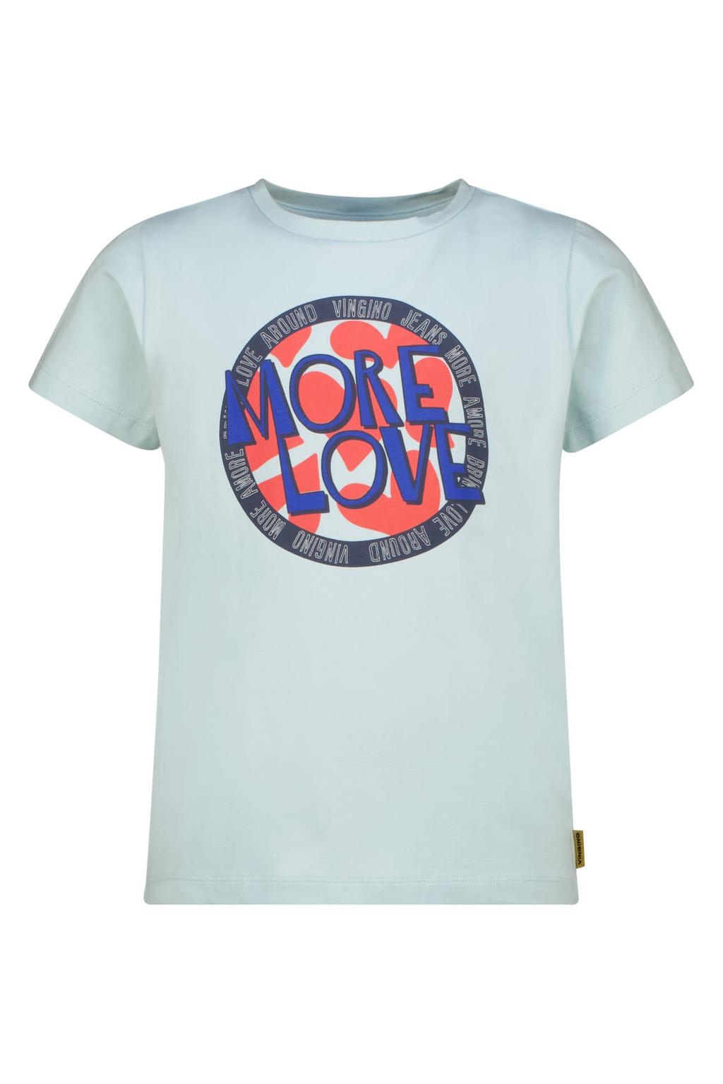 Lichtblauwe meisjes Vingino T-shirt van stretchkatoen met printopdruk, korte mouwen en ronde hals