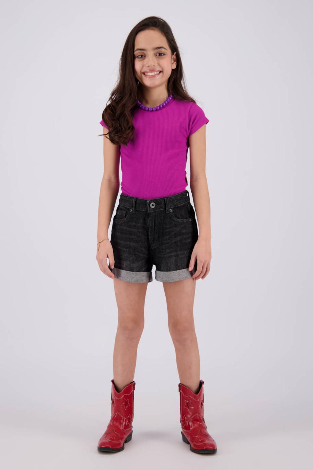 Fuchsia meisjes Vingino T-shirt van stretchkatoen met effen, korte mouwen, ronde hals en textuur