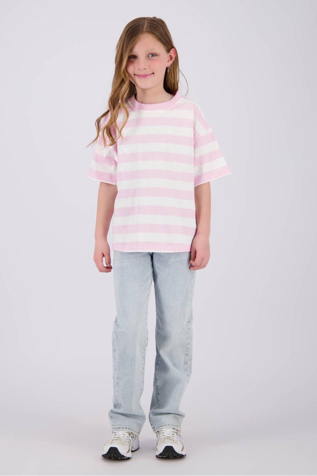 Lichtroze en witte meisjes Vingino gestreepte T-shirt van katoen met korte mouwen en ronde hals