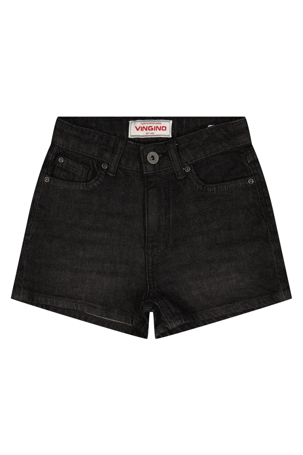 Black denim meisjes Vingino regular short black van denim met rits- en knoopsluiting en effen