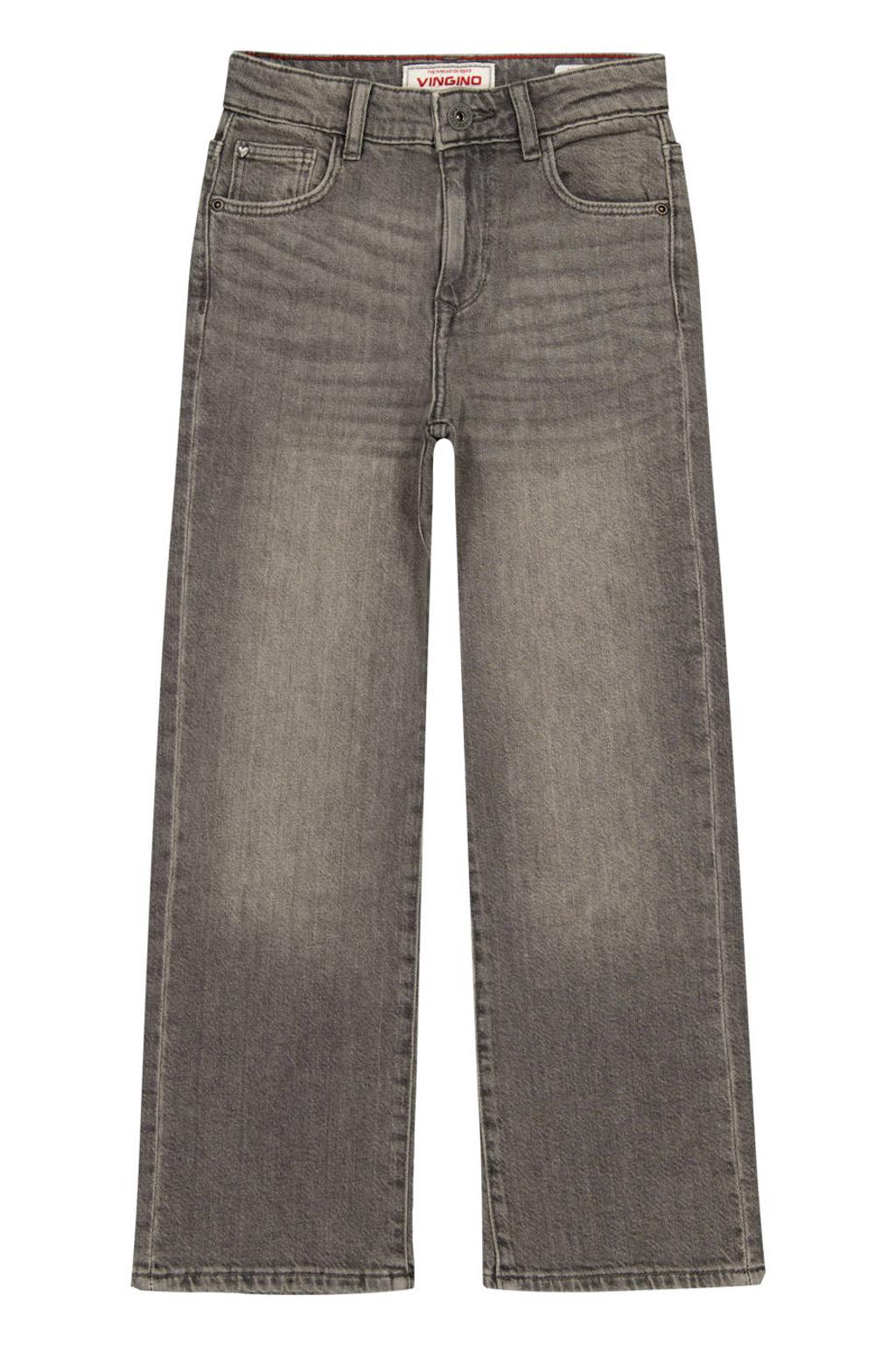 Grey denim meisjes Vingino flared jeans van denim met regular waist, rits- en knoopsluiting en effen