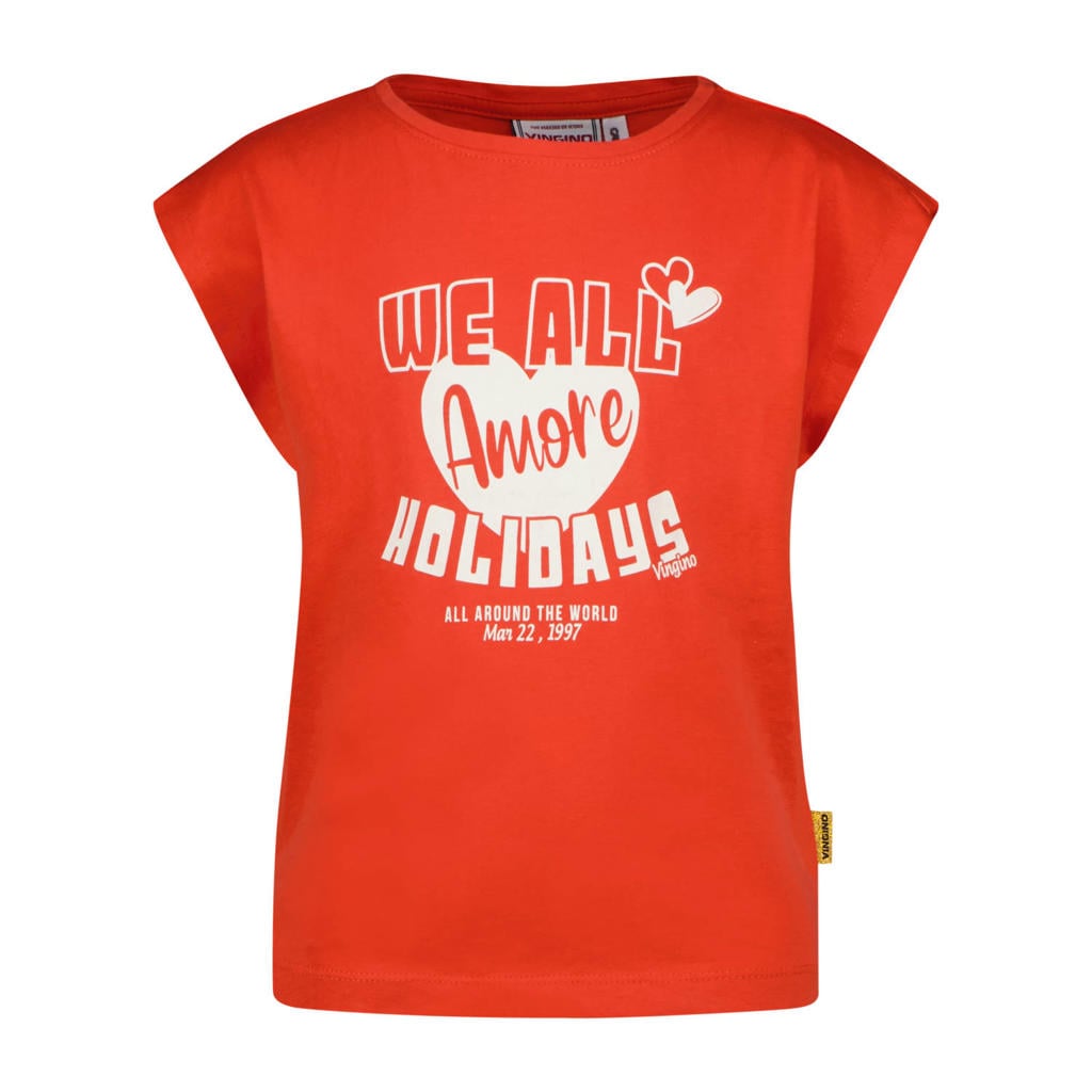 Rode meisjes Vingino T-shirt van katoen met printopdruk, korte mouwen en ronde hals