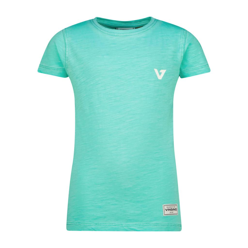 Turquoise jongens Vingino T-shirt van katoen met effen, korte mouwen en ronde hals