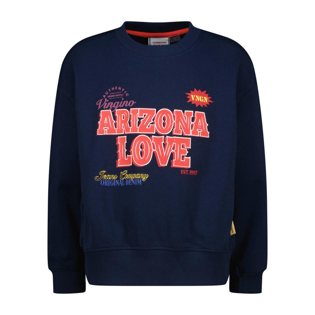 Donkerblauwe meisjes Vingino sweater van stretchkatoen met printopdruk, lange mouwen en ronde hals