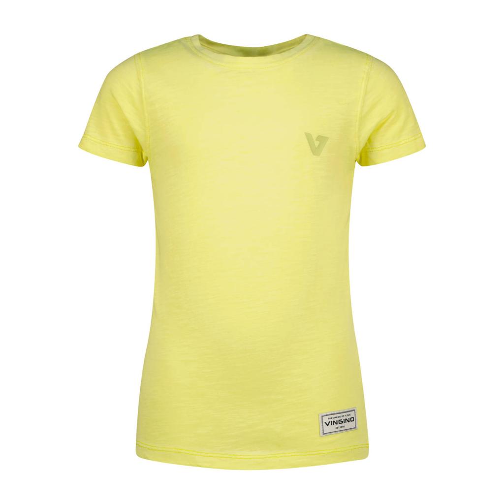 Gele jongens Vingino T-shirt van katoen met effen, korte mouwen en ronde hals