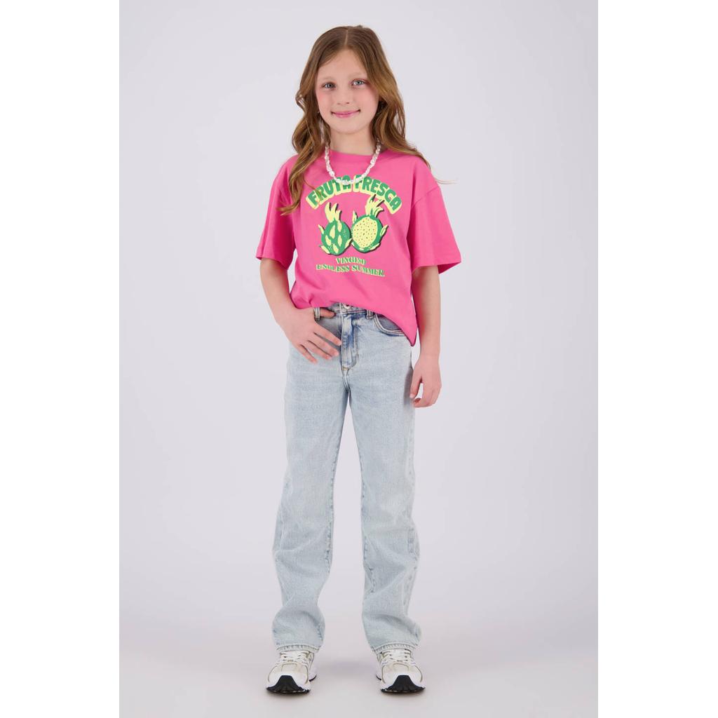 Light blue denim meisjes Vingino straight jeans van stretchdenim met regular waist, rits- en knoopsluiting en effen