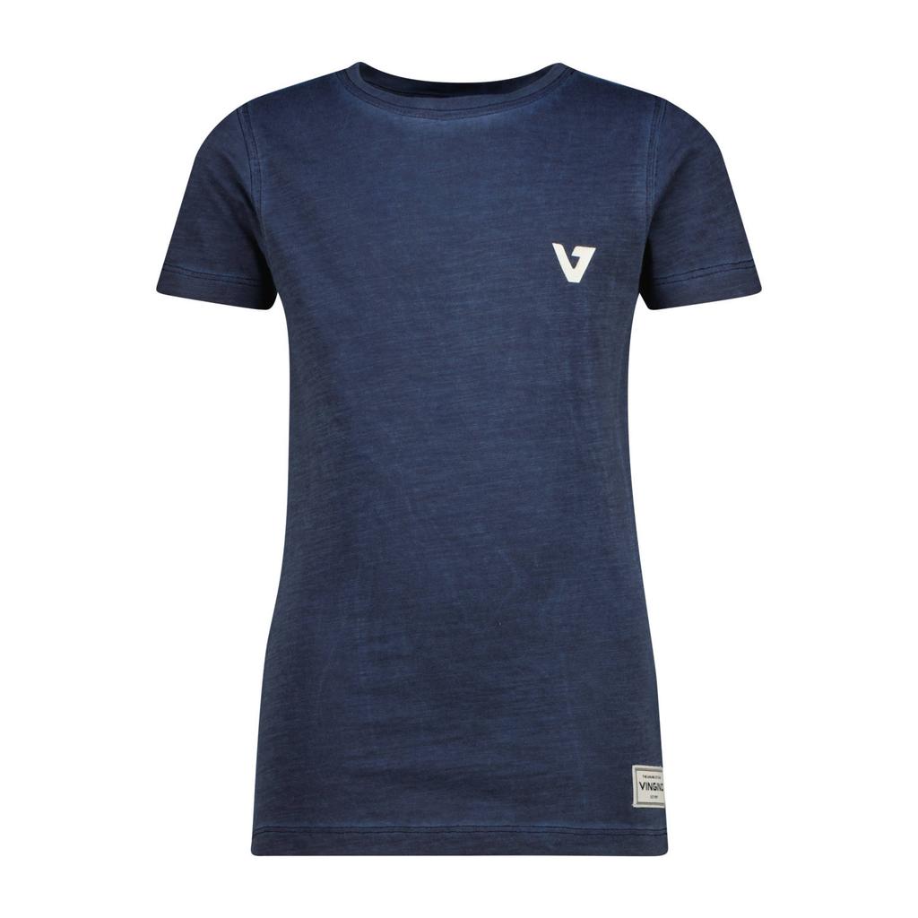 Donkerblauwe jongens Vingino T-shirt van katoen met effen, korte mouwen en ronde hals