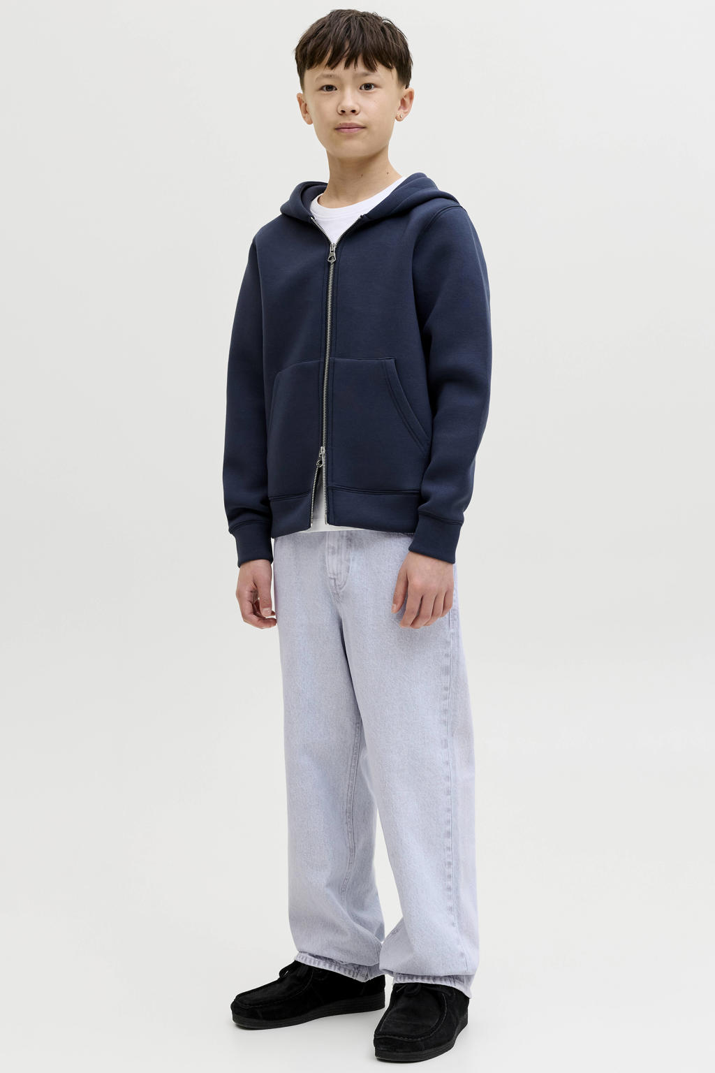 Light blue denim jongens JACK & JONES JUNIOR baggy jeans van denim met knoopsluiting en effen