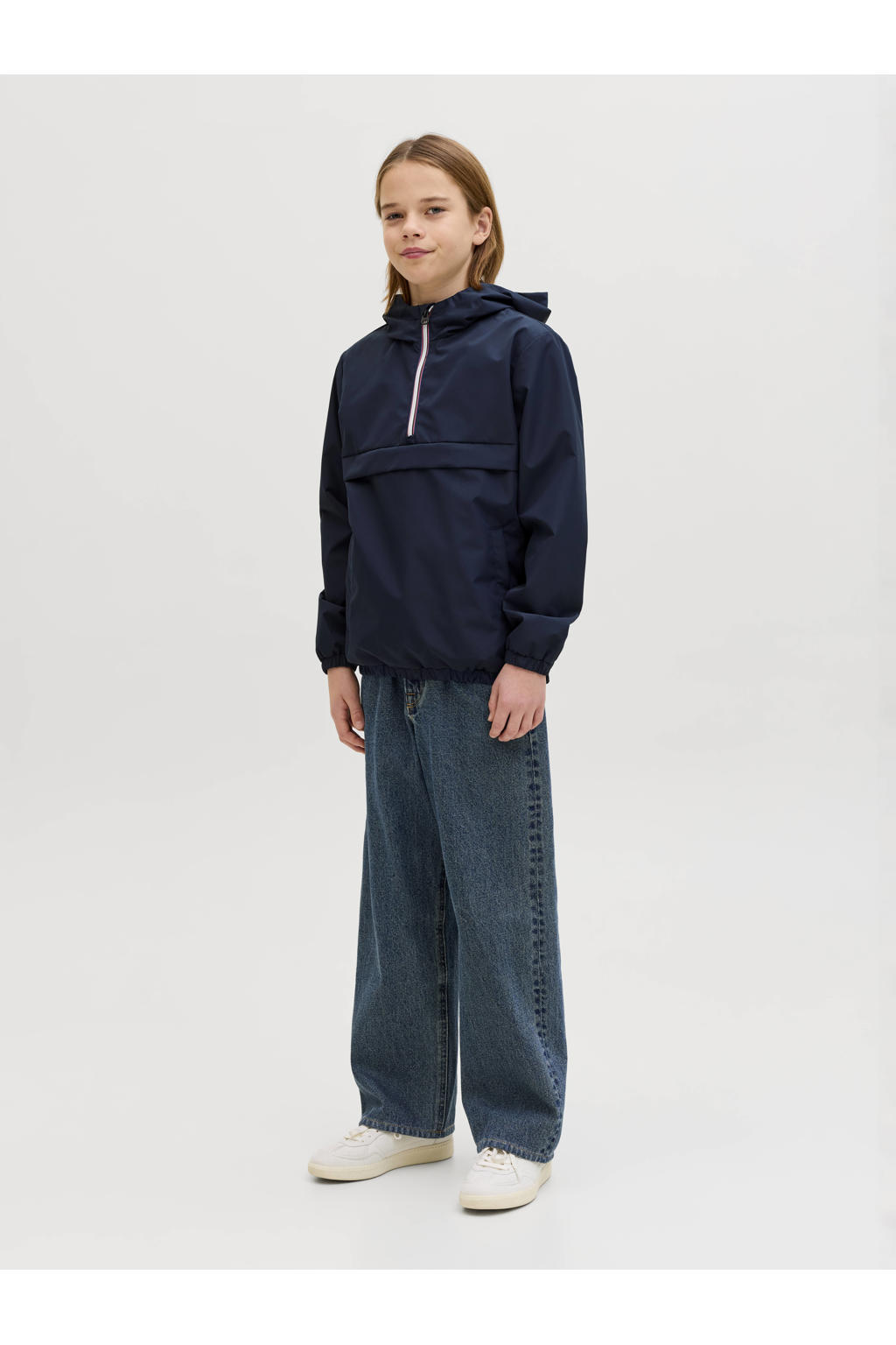 Donkerblauwe jongens JACK & JONES JUNIOR anorak van polyester met effen, lange mouwen, capuchon en halve rits