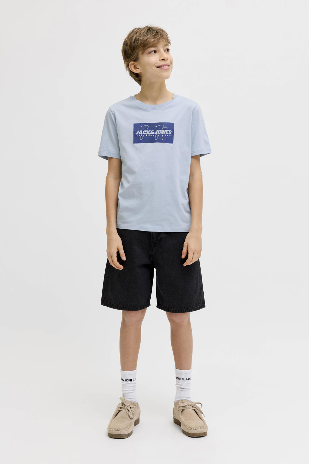 Lichtblauwe jongens JACK & JONES JUNIOR T-shirt van katoen met logo dessin, korte mouwen en ronde hals