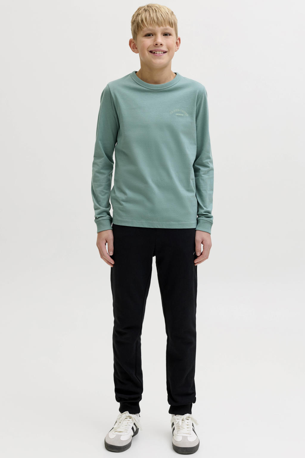 Mintgroene jongens JACK & JONES JUNIOR longsleeve van katoen met effen, lange mouwen en ronde hals