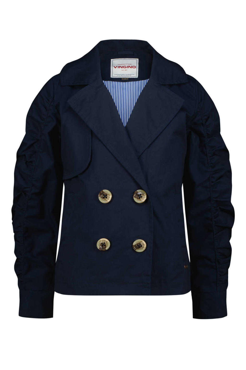 Donkerblauwe meisjes Vingino trenchcoat van katoen met effen, lange mouwen, reverskraag en knoopsluiting