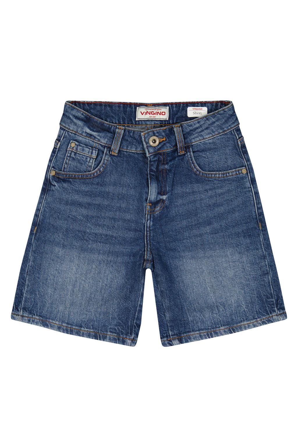 Dark blue denim jongens Vingino regular short dark blue van katoen met rits- en knoopsluiting en effen