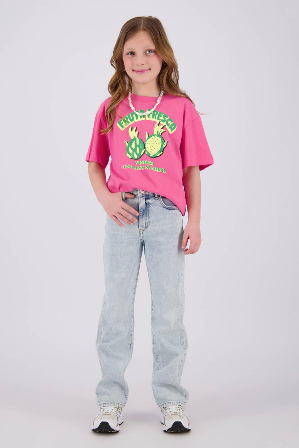 Roze meisjes Vingino T-shirt van katoen met printopdruk, korte mouwen en ronde hals