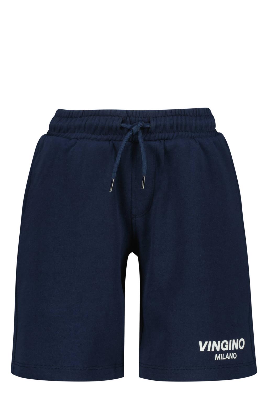 Donkerblauwe jongens Vingino relaxed sweatshort met regular waist, elastische tailleband met koord en logo dessin