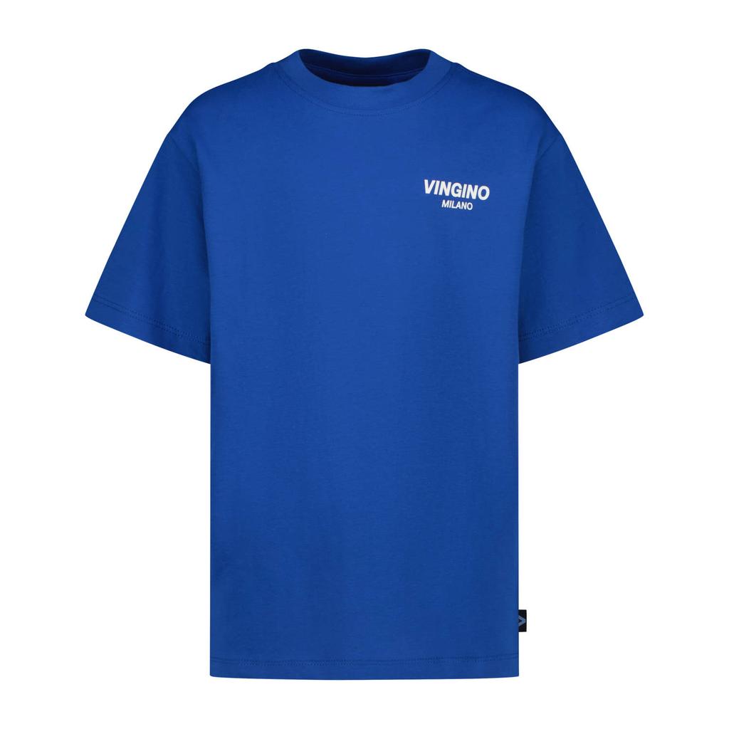 Blauwe jongens Vingino T-shirt van katoen met logo dessin, korte mouwen en ronde hals