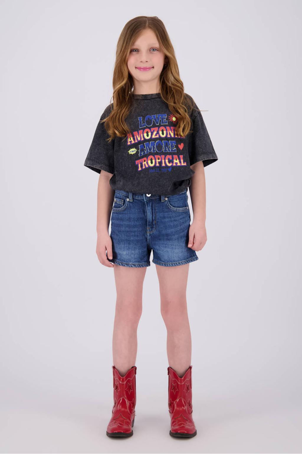 Medium blue denim meisjes Vingino regular short van denim met rits- en knoopsluiting en effen