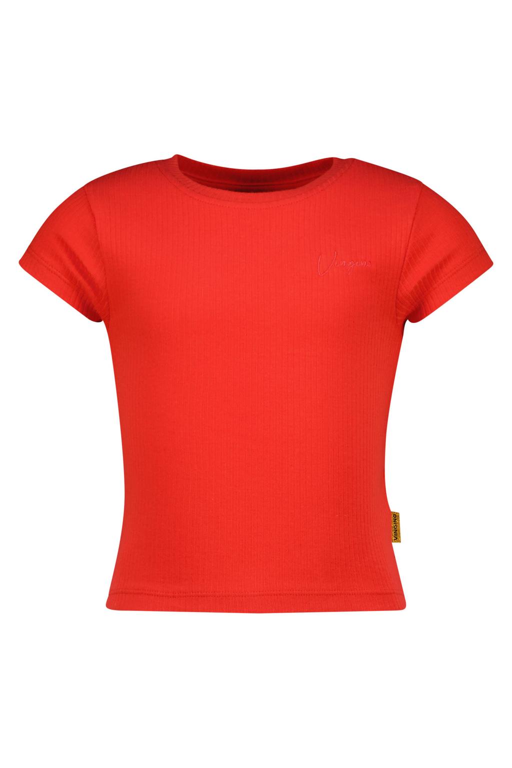 Rode meisjes Vingino T-shirt van stretchkatoen met effen, korte mouwen, ronde hals en textuur
