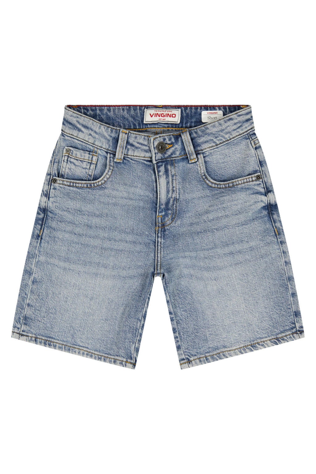 Medium blue denim jongens Vingino regular short van katoen met rits- en knoopsluiting en effen
