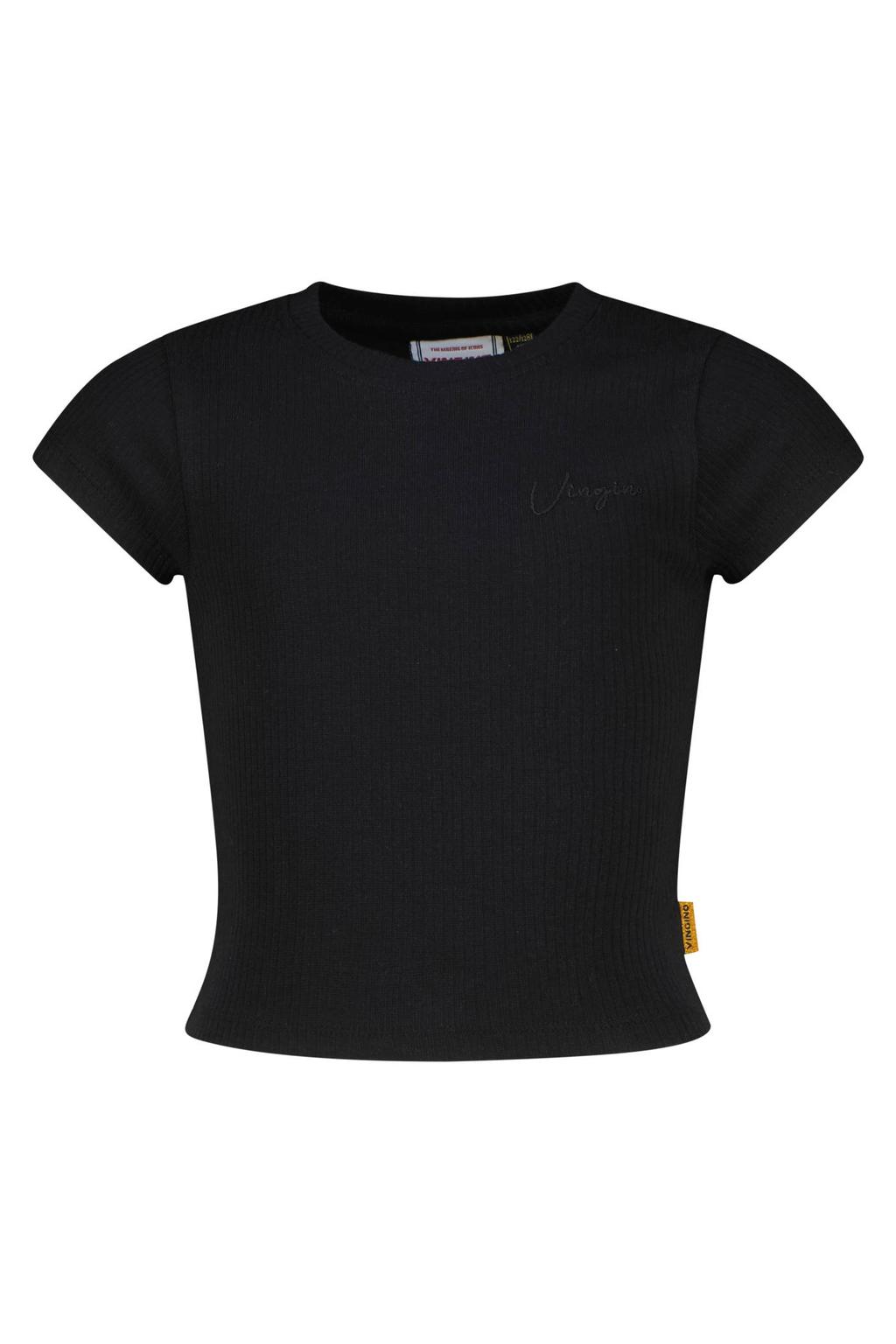 Zwarte meisjes Vingino T-shirt van stretchkatoen met effen, korte mouwen, ronde hals en textuur