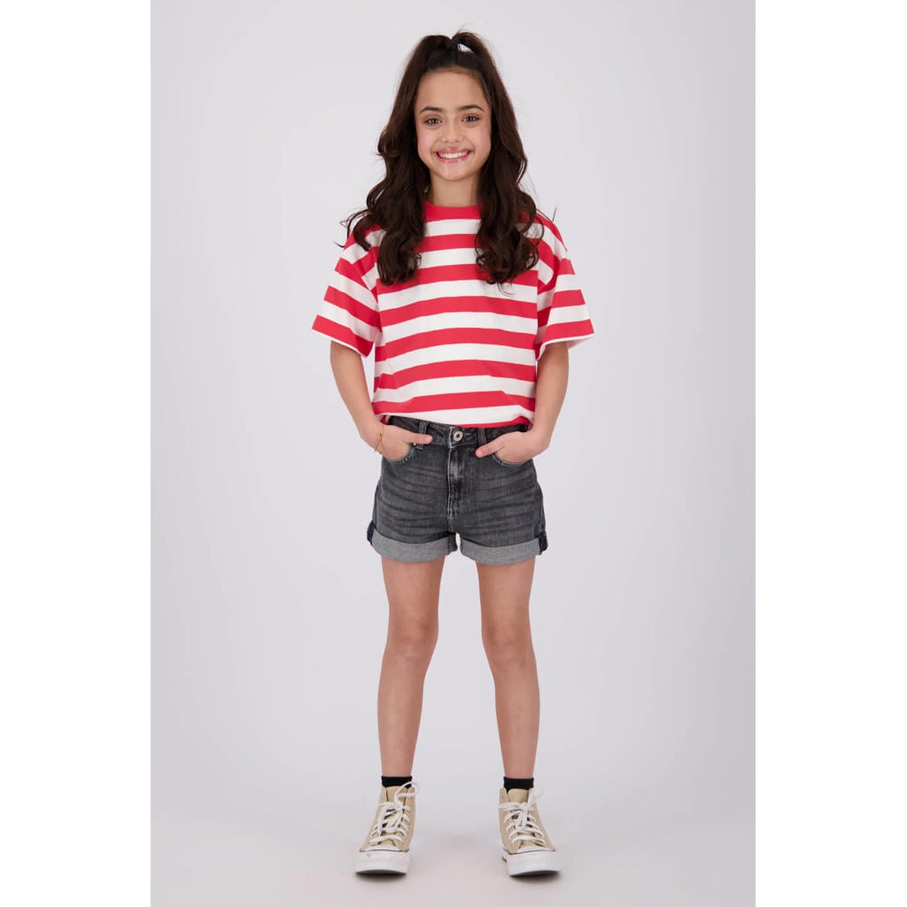 Rood en witte meisjes Vingino T-shirt van katoen met strepenprint, korte mouwen en ronde hals