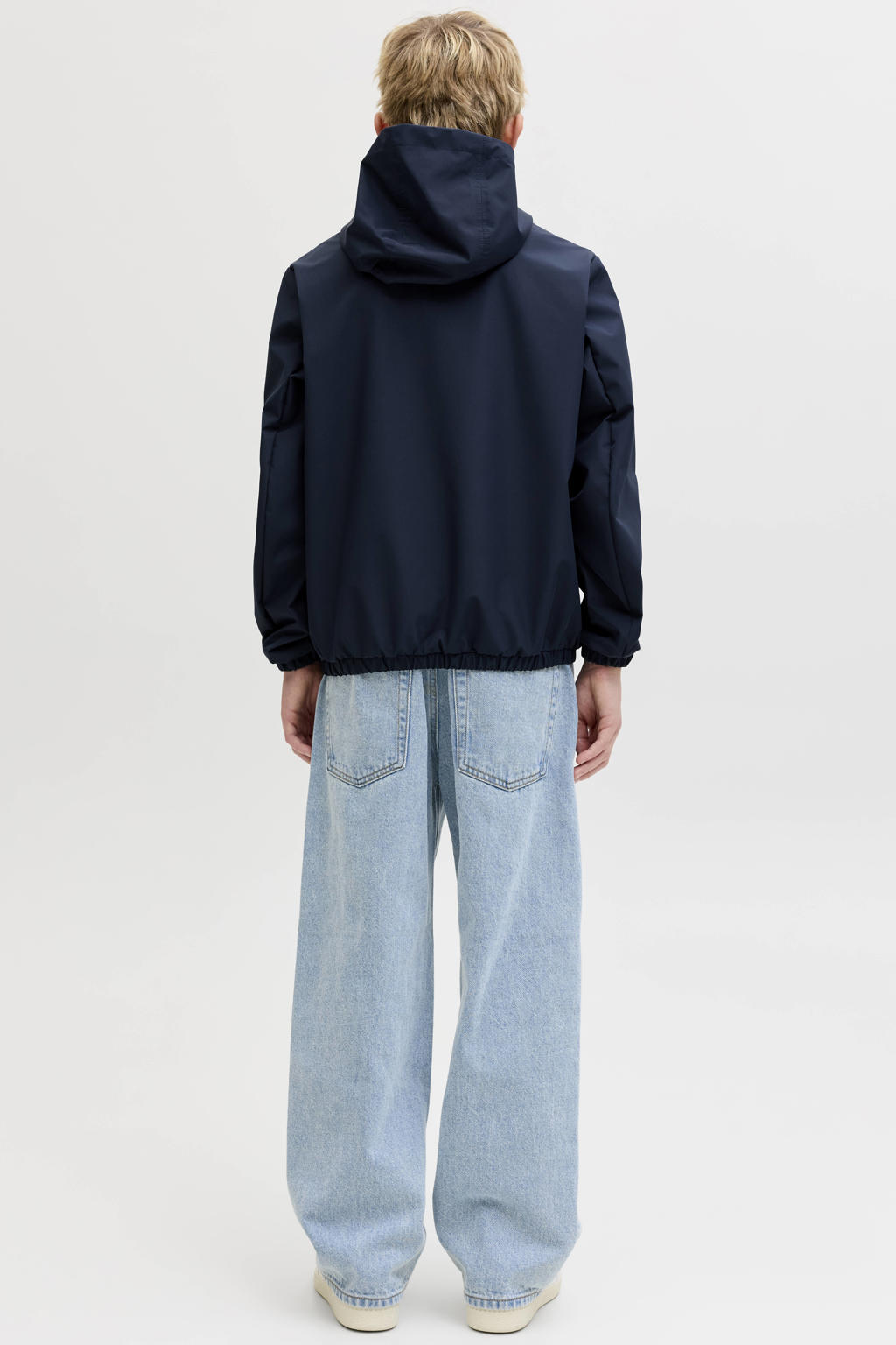 Donkerblauwe jongens JACK & JONES JUNIOR zomerjas van polyester met effen, lange mouwen, capuchon en ritssluiting