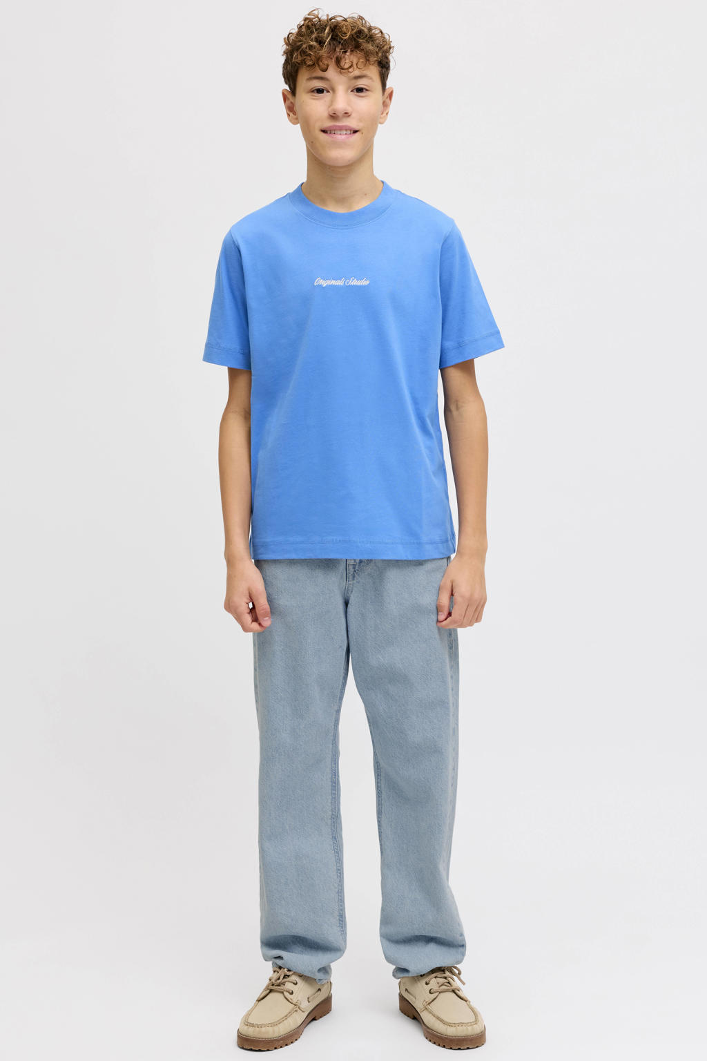 Medium blue denim jongens JACK & JONES JUNIOR high waist relaxed fit jeans van denim met effen