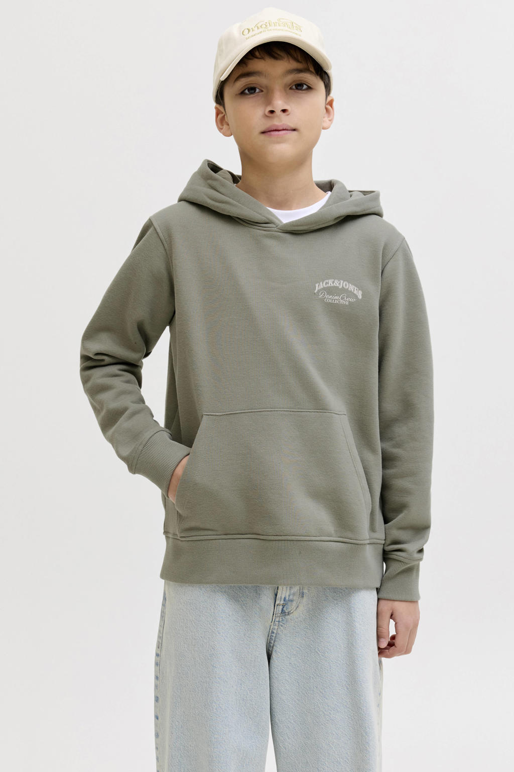 Grijsgroene jongens JACK & JONES JUNIOR hoodie grjsgroen van sweat materiaal met backprint, lange mouwen en capuchon