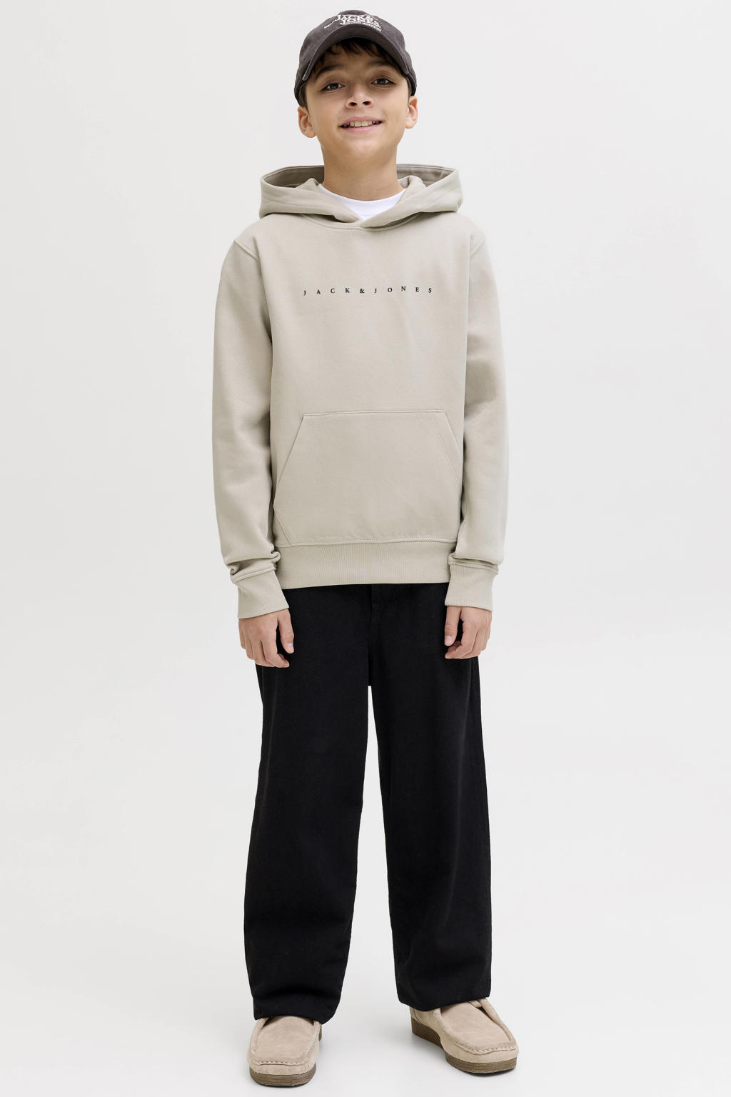 Beige jongens JACK & JONES JUNIOR hoodie van sweat materiaal met tekst print, lange mouwen en capuchon